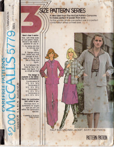 1970's McCall's Half Size Unlined Jacket, 6 Gore Skirt and Wide Leg Pants pattern - Bust 41-47" - No. 5779