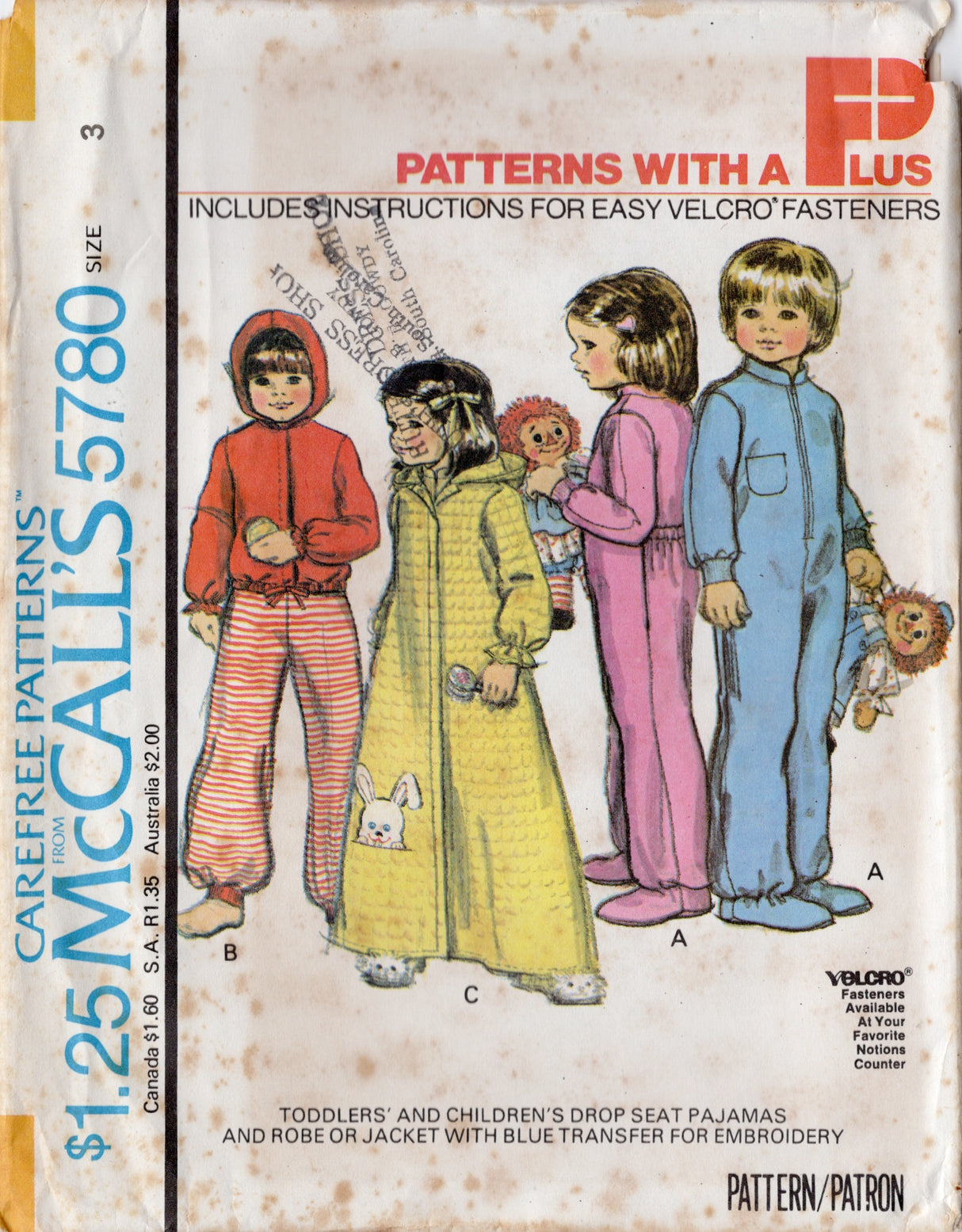 1970's McCall's Toddler and Children's Drop Seat Pajamas Robe Jacket - Chest 20-25" - Size 1-6 - No. 5780