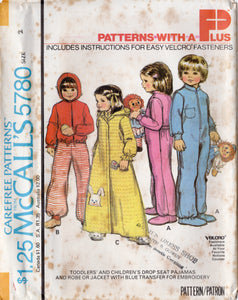 1970's McCall's Toddler and Children's Drop Seat Pajamas Robe Jacket - Chest 20-25" - Size 1-6 - No. 5780
