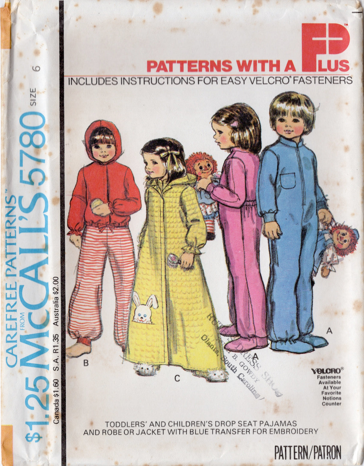 1970's McCall's Toddler and Children's Drop Seat Pajamas Robe Jacket - Chest 20-25" - Size 1-6 - No. 5780