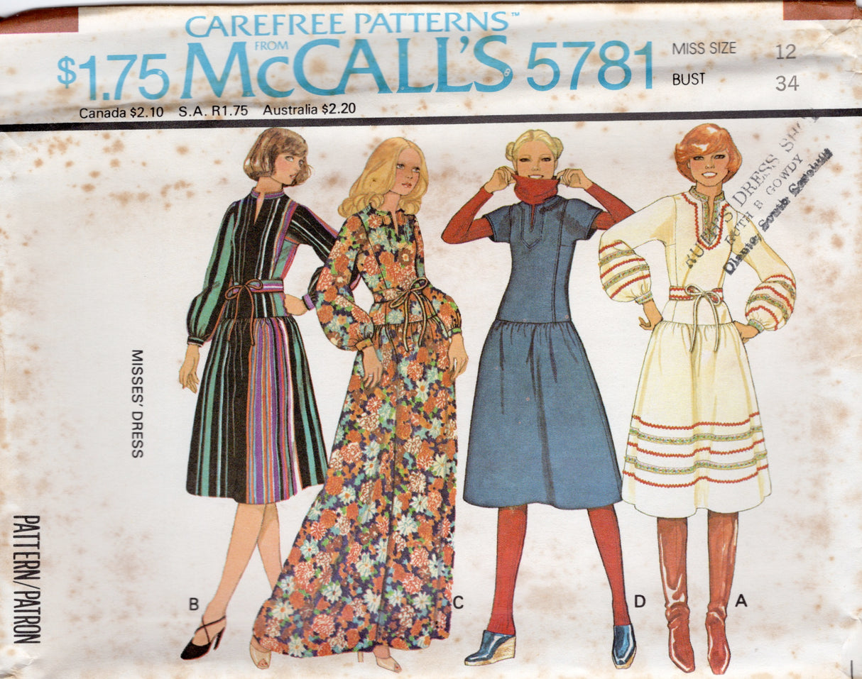 1970's McCall's Drop Waisted Pullover Dress - Bust 30.5-38" - No. 5781