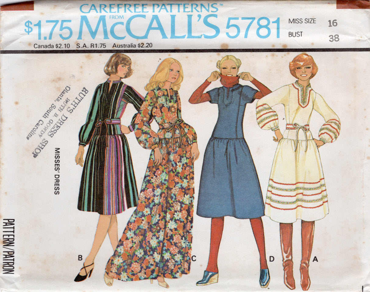 1970's McCall's Drop Waisted Pullover Dress - Bust 30.5-38" - No. 5781