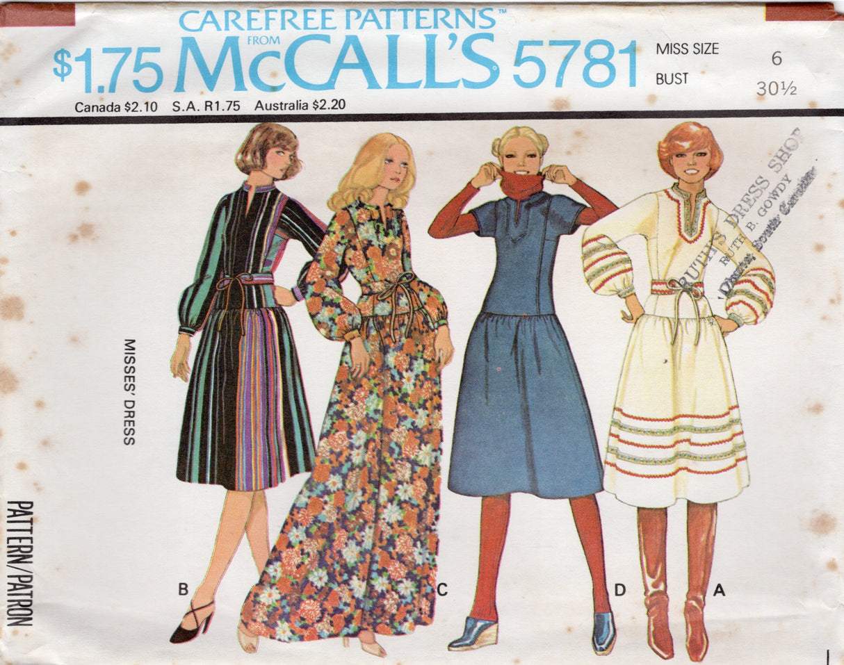 1970's McCall's Drop Waisted Pullover Dress - Bust 30.5-38" - No. 5781