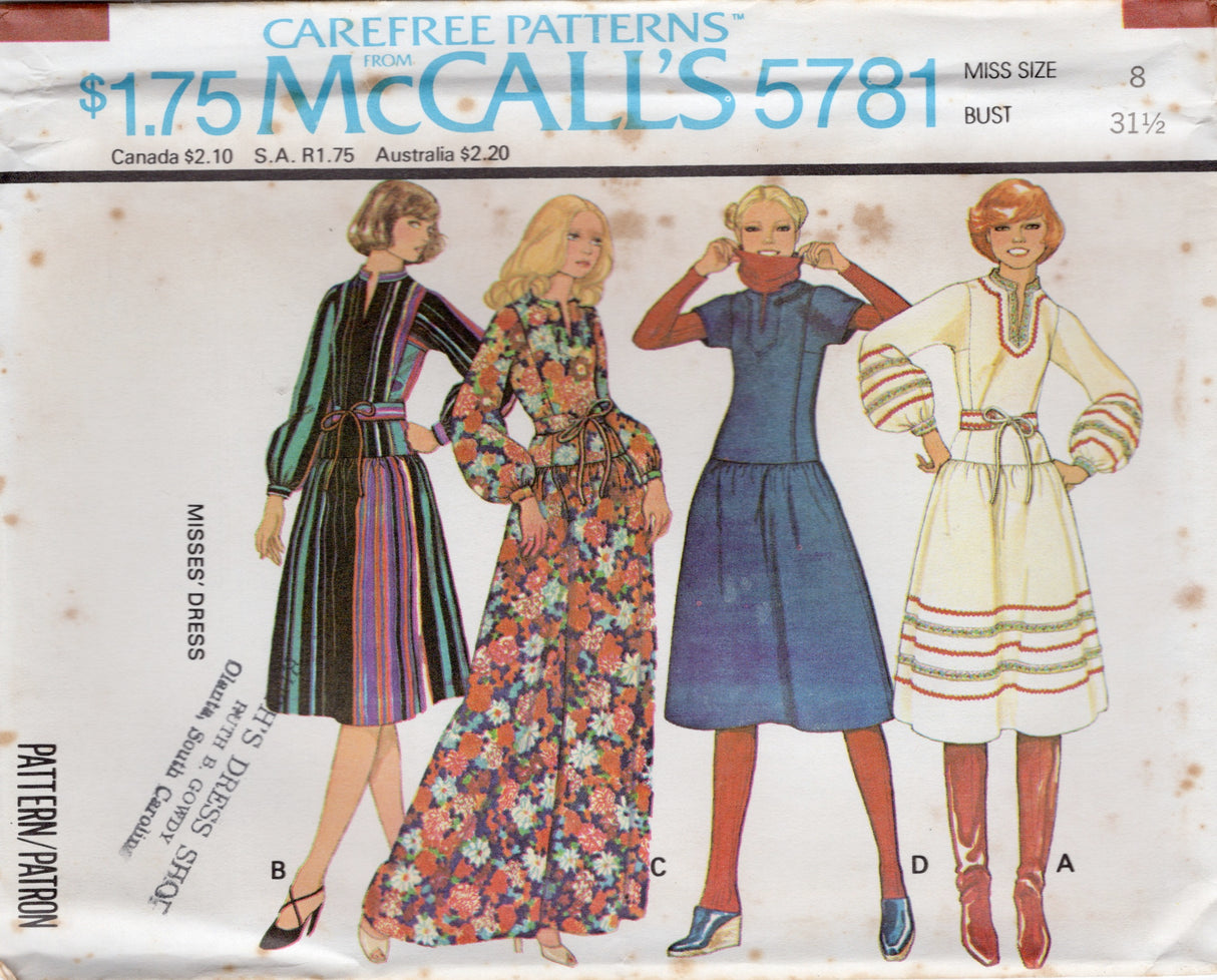 1970's McCall's Drop Waisted Pullover Dress - Bust 30.5-38" - No. 5781