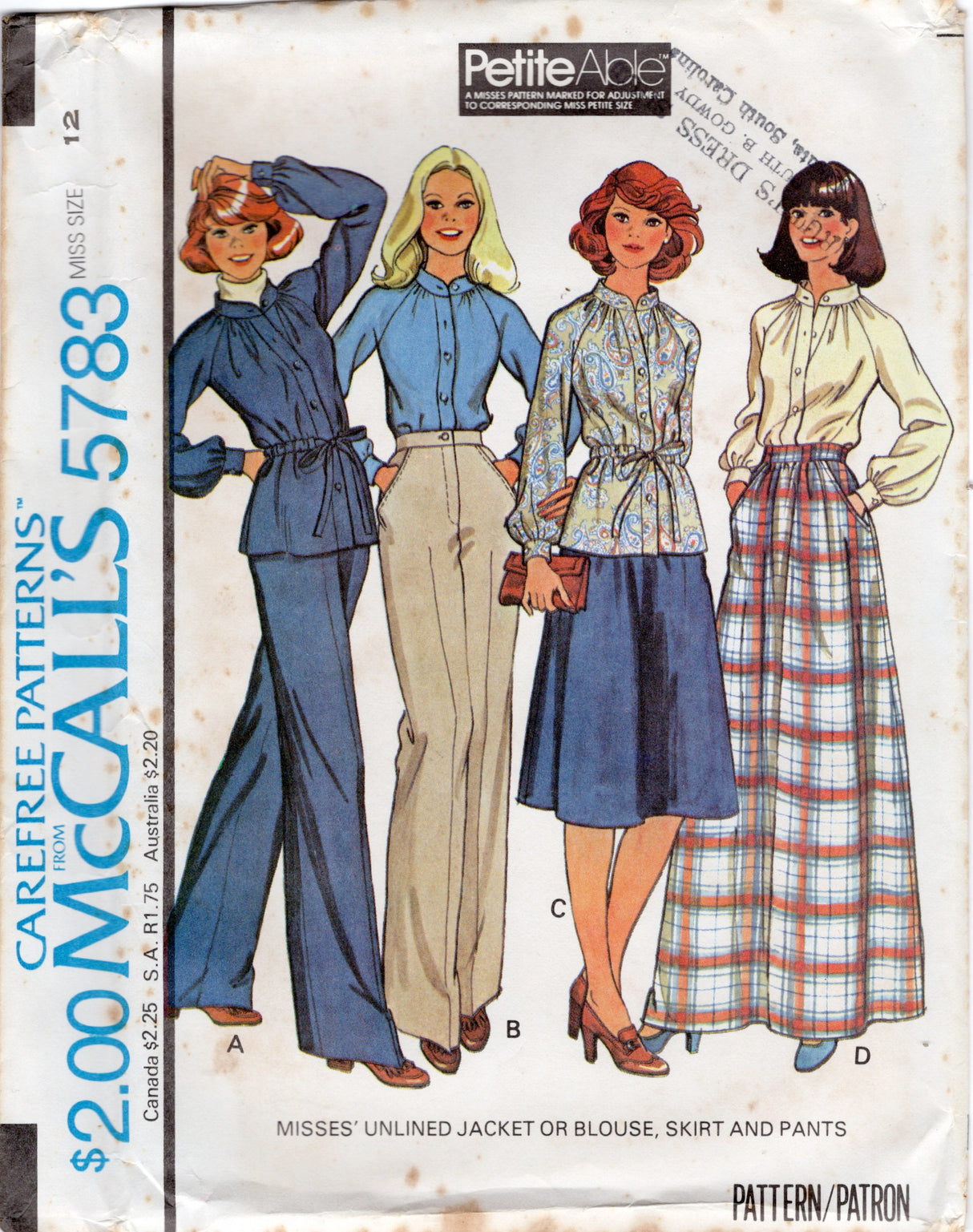 1970's McCall's Unlined Jacket or Blouse, Skirt and Pants pattern - Bust 30.5 - 34" - No. 5783