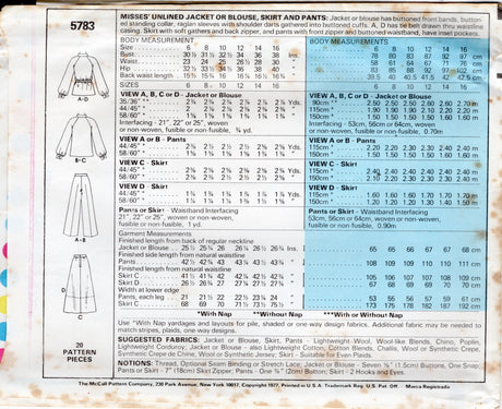 1970's McCall's Unlined Jacket or Blouse, Skirt and Pants pattern - Bust 30.5 - 34" - No. 5783