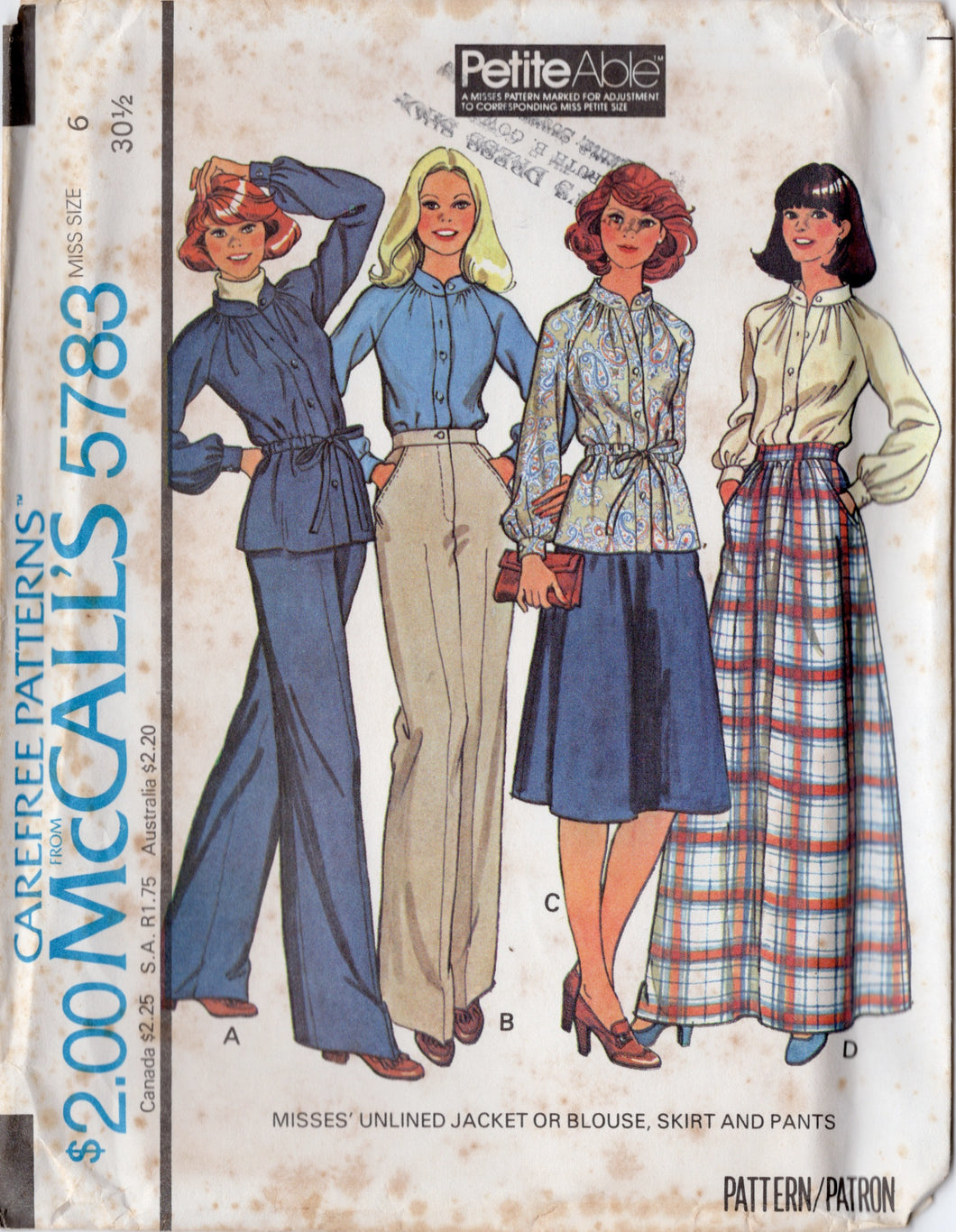 1970's McCall's Unlined Jacket or Blouse, Skirt and Pants pattern - Bust 30.5 - 34