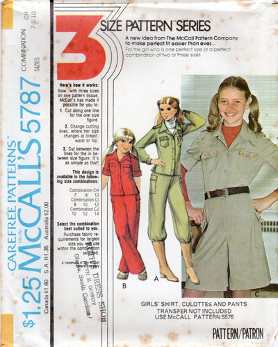 1970's McCall's Child's Shirt, Culottes and Pants Pattern - Chest 26-32