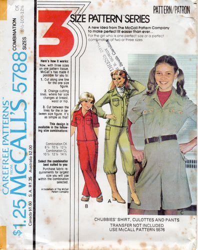 1970's McCall's Child's Shirt, Culottes and Pants Pattern - Chest 30-34.5