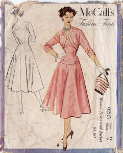 1950's McCall's Fashion Firsts Fitted Drop Waist Dress Pattern with Bolero Jacket - Bust 30" - No. 9295