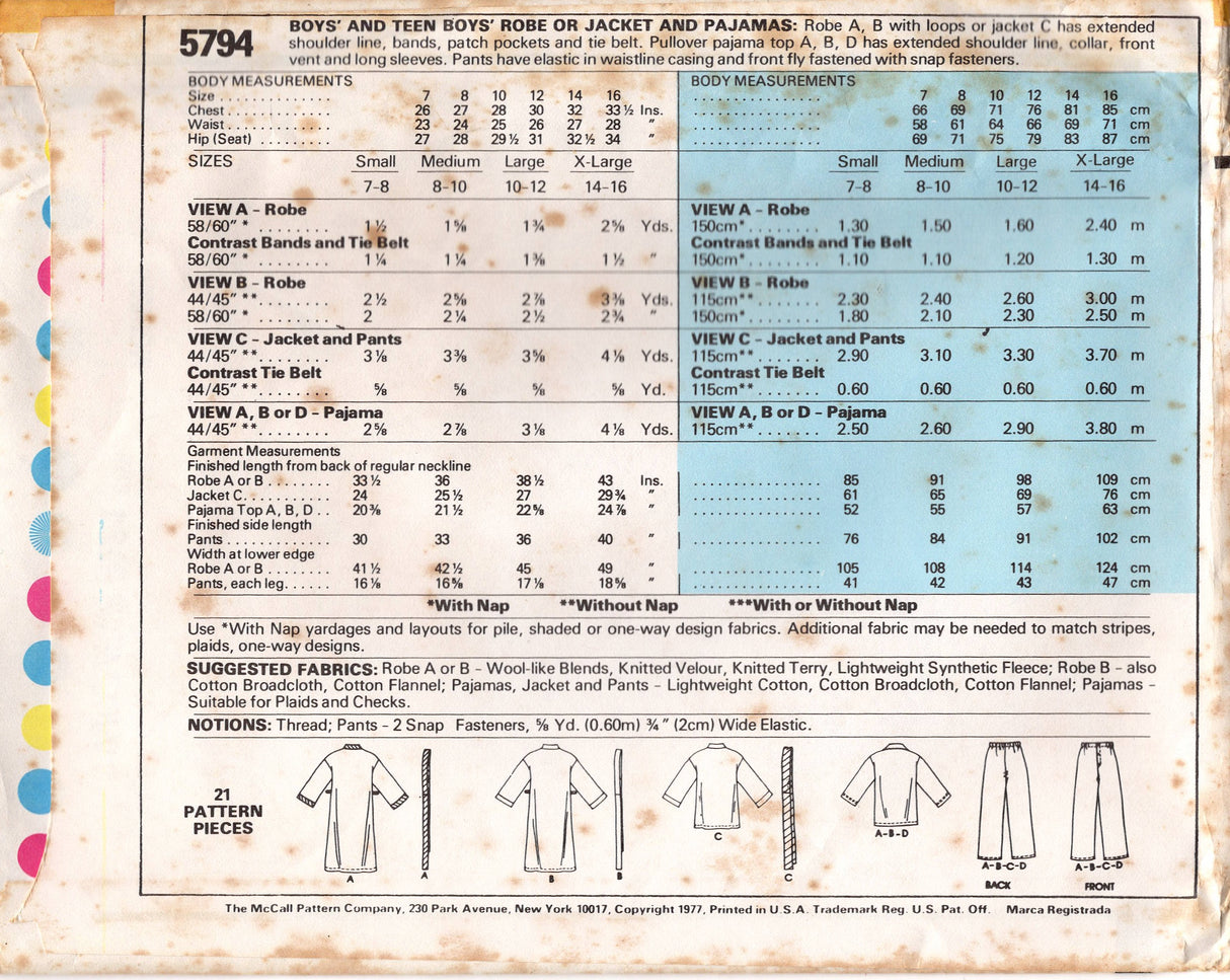 1970's McCall's Child's Robe or Jacket and Pajamas Pattern - Chest 26-30" - No. 5794