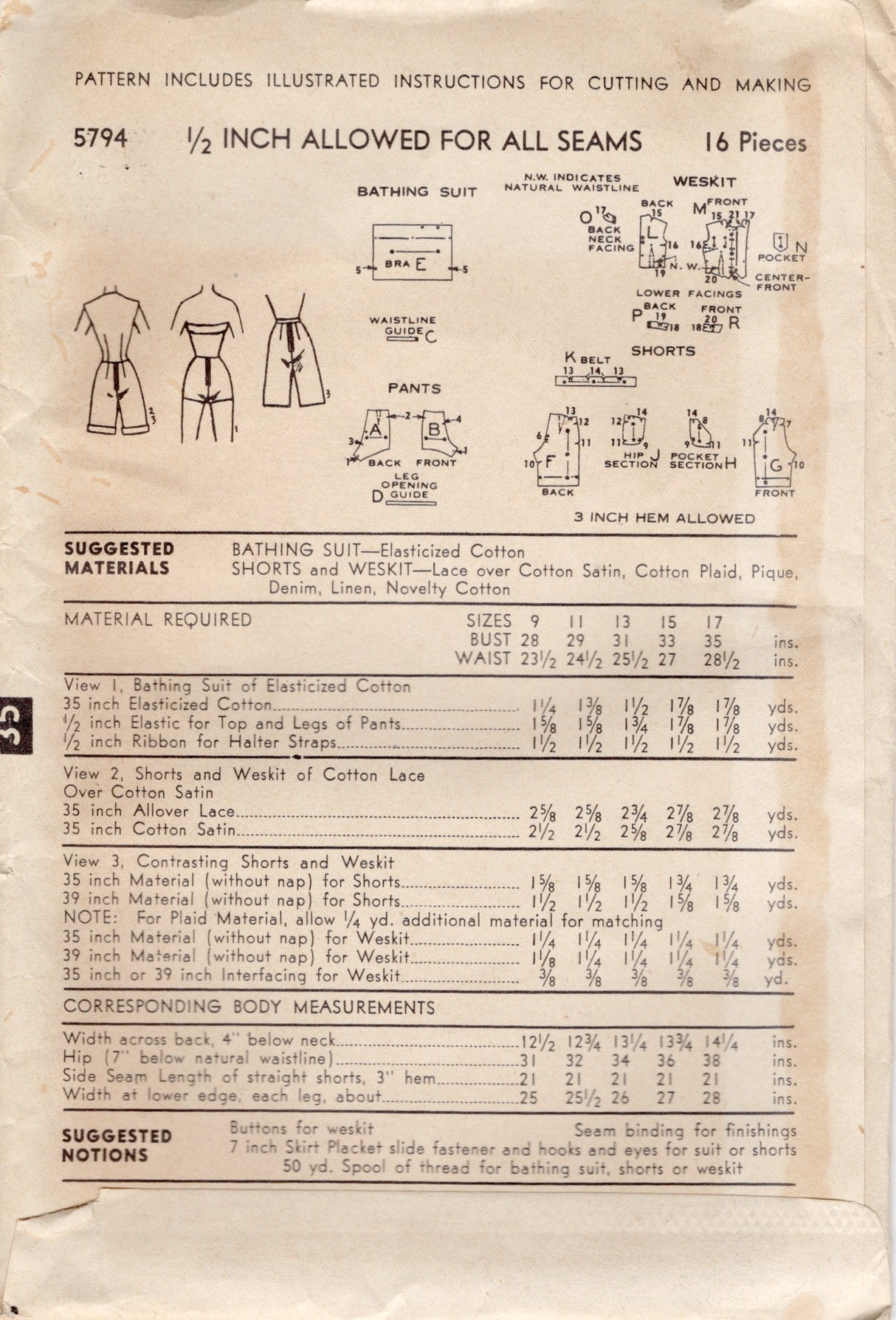 1950's Advance Bathing Suit, Shorts and Weskit Pattern - Bust 33" - No. 5794