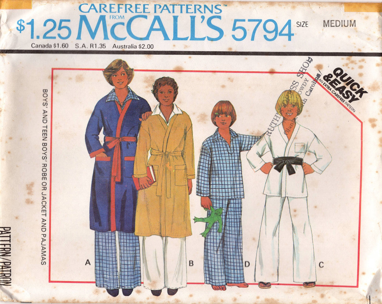 1970's McCall's Child's Robe or Jacket and Pajamas Pattern - Chest 26-30" - No. 5794