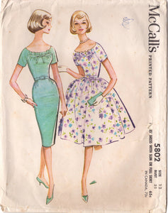 1960's McCall's One Piece Sheath or Fit and Flare Dress Pattern with Gathered Bodice Front - Bust 32" - No. 5802