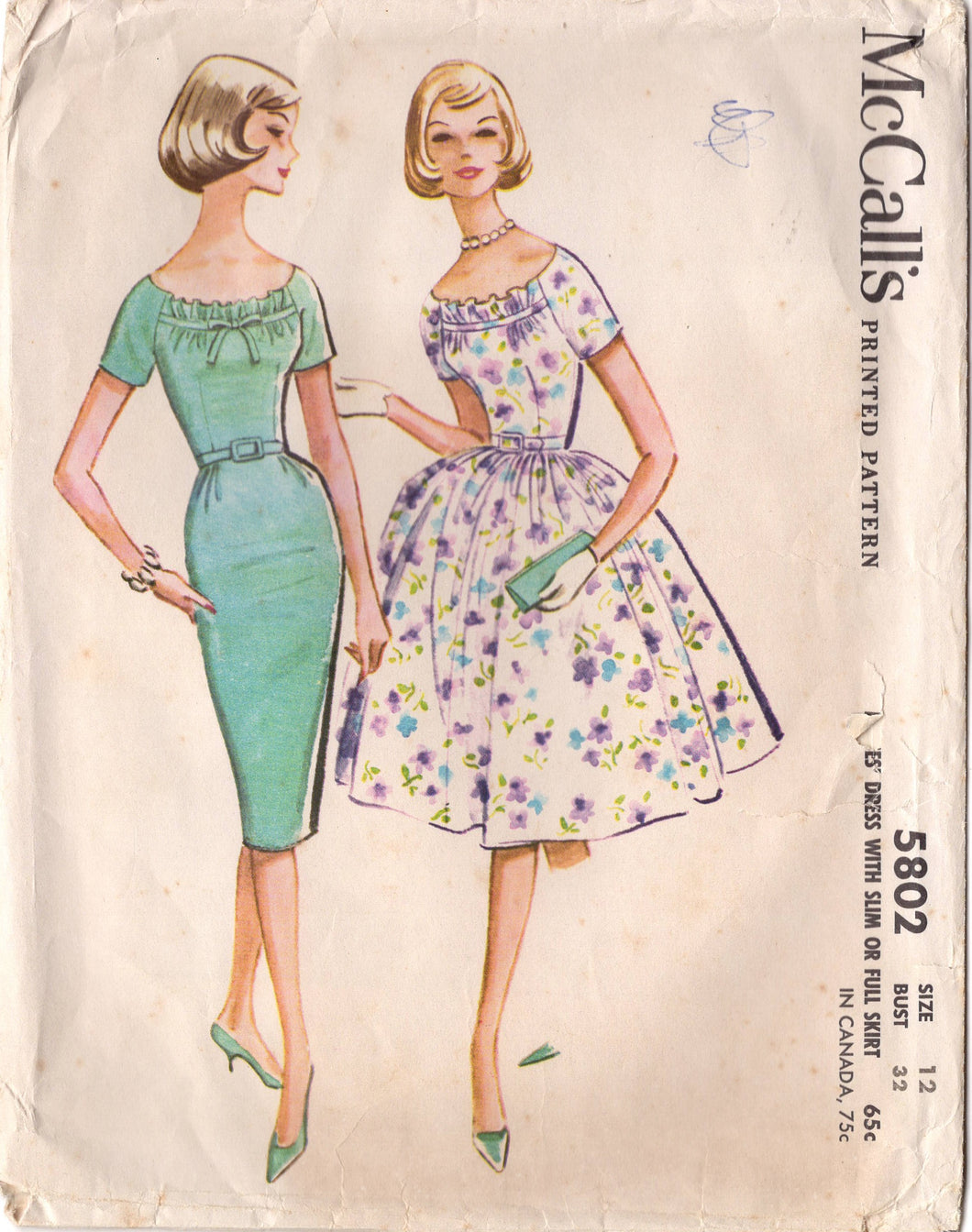 1960's McCall's One Piece Sheath or Fit and Flare Dress Pattern with Gathered Bodice Front - Bust 32