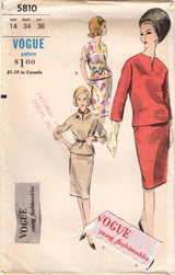 1960's Vogue Young Fashionables Two-Piece Dress Pattern with Yoked Blouse and Pencil Skirt - Bust 34" - No. 5810