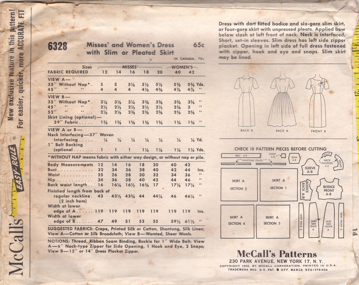 1960's McCall's Asymmetrical Neckline with Bow Fit and Flare Dress Pattern - Bust 34" - No. 6328