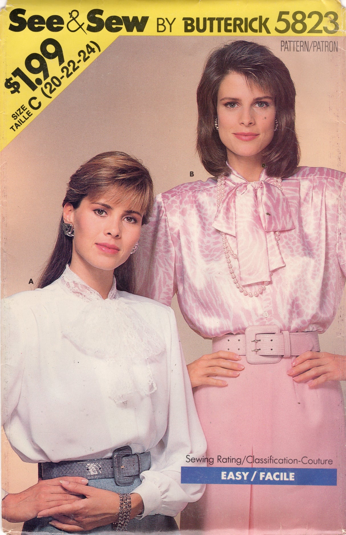 1980's See & Sew Pussy Bow Blouse Pattern - Bust 42-46" - No. 5823