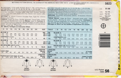 1980's See & Sew Pussy Bow Blouse Pattern - Bust 42-46" - No. 5823