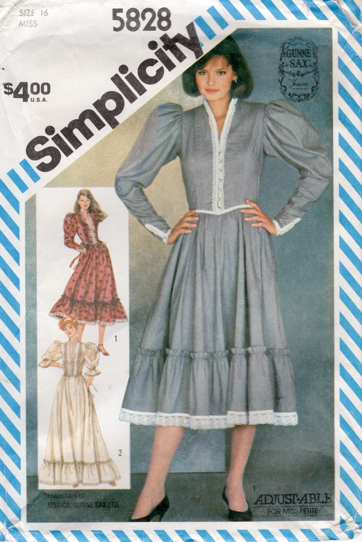 1980's Simplicity One Piece Dress Pattern with Leg of Mutton or Puff Sleeves - Gunne Sax - Bust 38" - No. 5828
