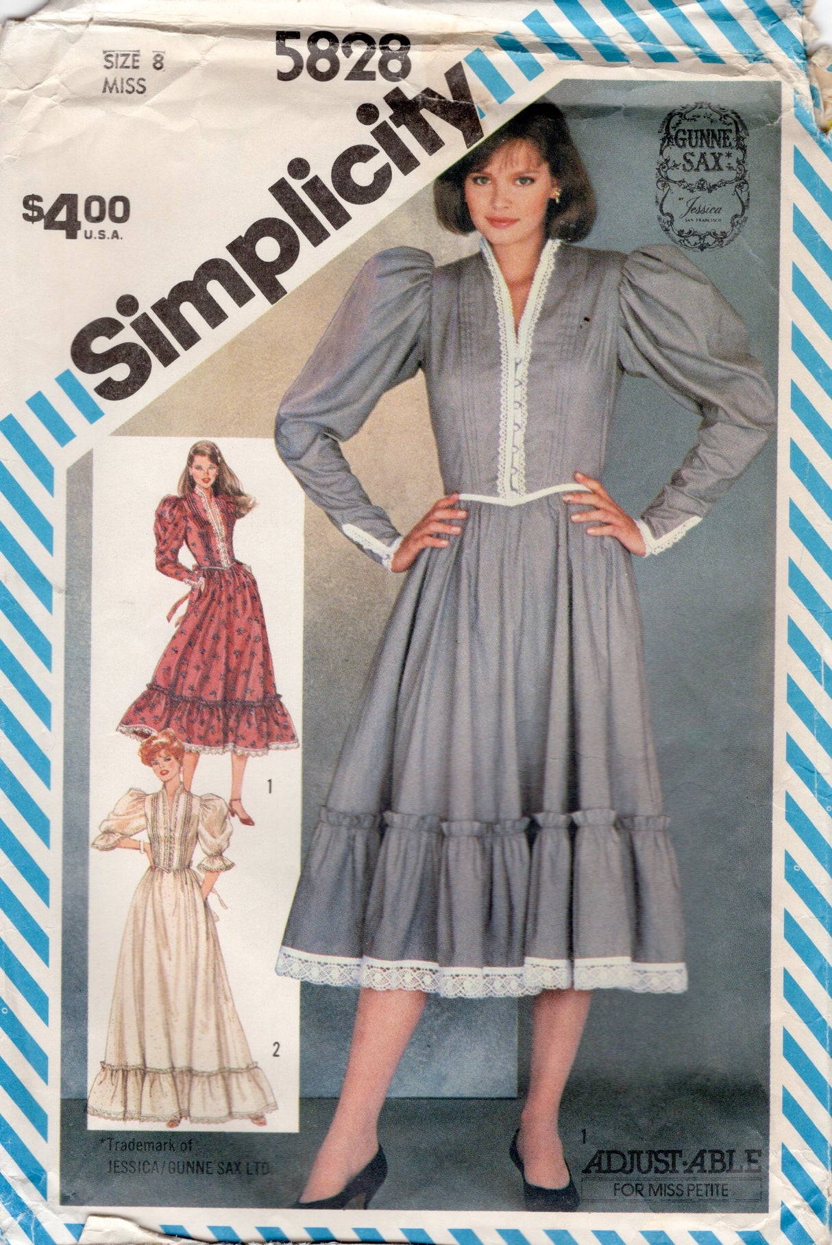 1980's Simplicity One Piece Dress Pattern with Leg of Mutton Sleeves - Gunne Sax - Bust 31.5" - No. 5828