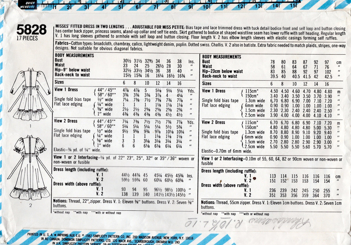 1980's Simplicity One Piece Dress Pattern with Leg of Mutton Sleeves - Gunne Sax - Bust 32.5" - No. 5828