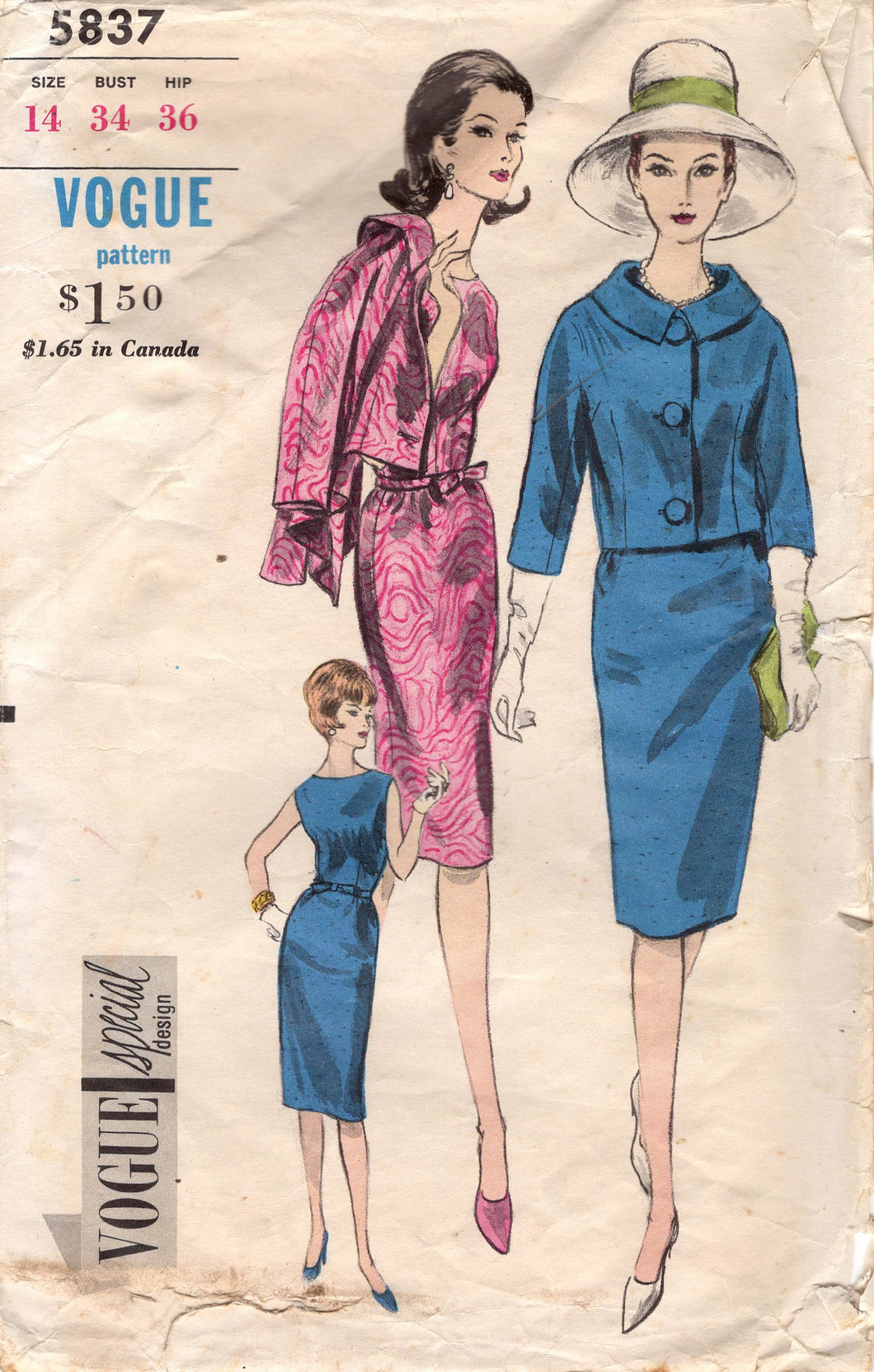 1960's Vogue One Piece Sheath Dress with Jacket Pattern - Bust 34