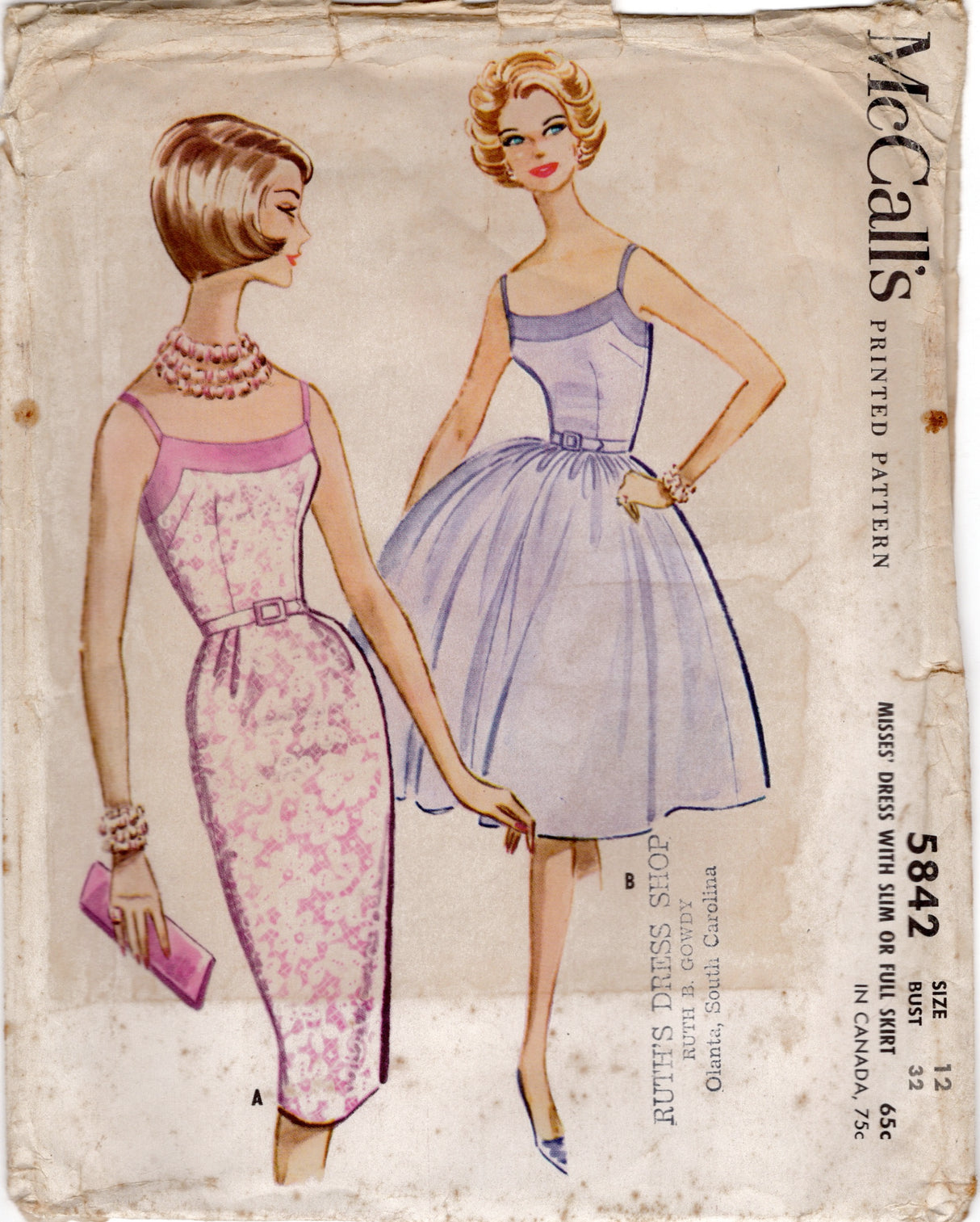 1960's McCall's Fit and Flare or Sheath Dress pattern with Thin Straps - Bust 32" - No. 5842