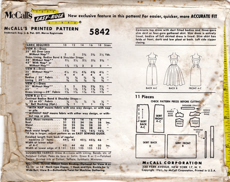 1960's McCall's Fit and Flare or Sheath Dress pattern with Thin Straps - Bust 32" - No. 5842