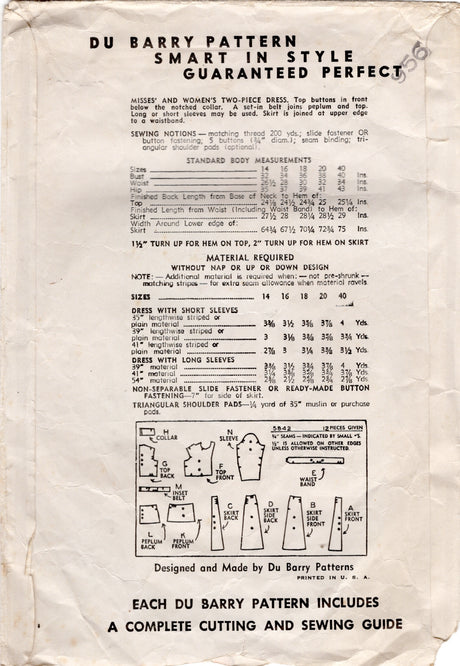 1940's DuBarry Two Piece Peplum Dress Pattern - Bust 36" - No. 5842