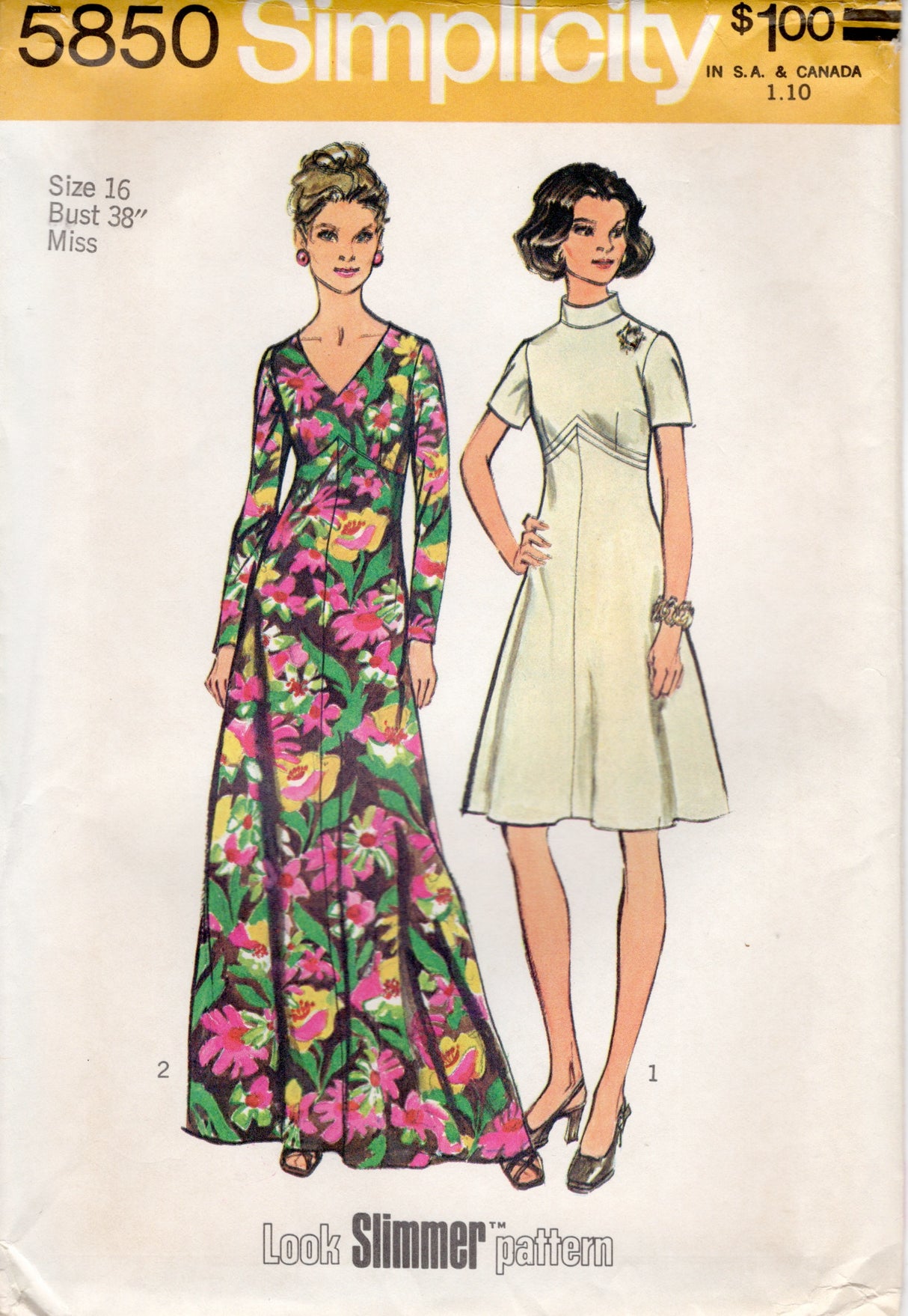 1970's Simplicity Midi or Maxi Dress Pattern with Empire Waist - Bust 38" - No. 5850