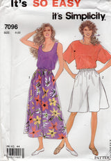 1990's Simplicity Tee Shirt, Tank Top and Culottes in Two Lengths pattern - Bust 31.5-42" - No. 7096