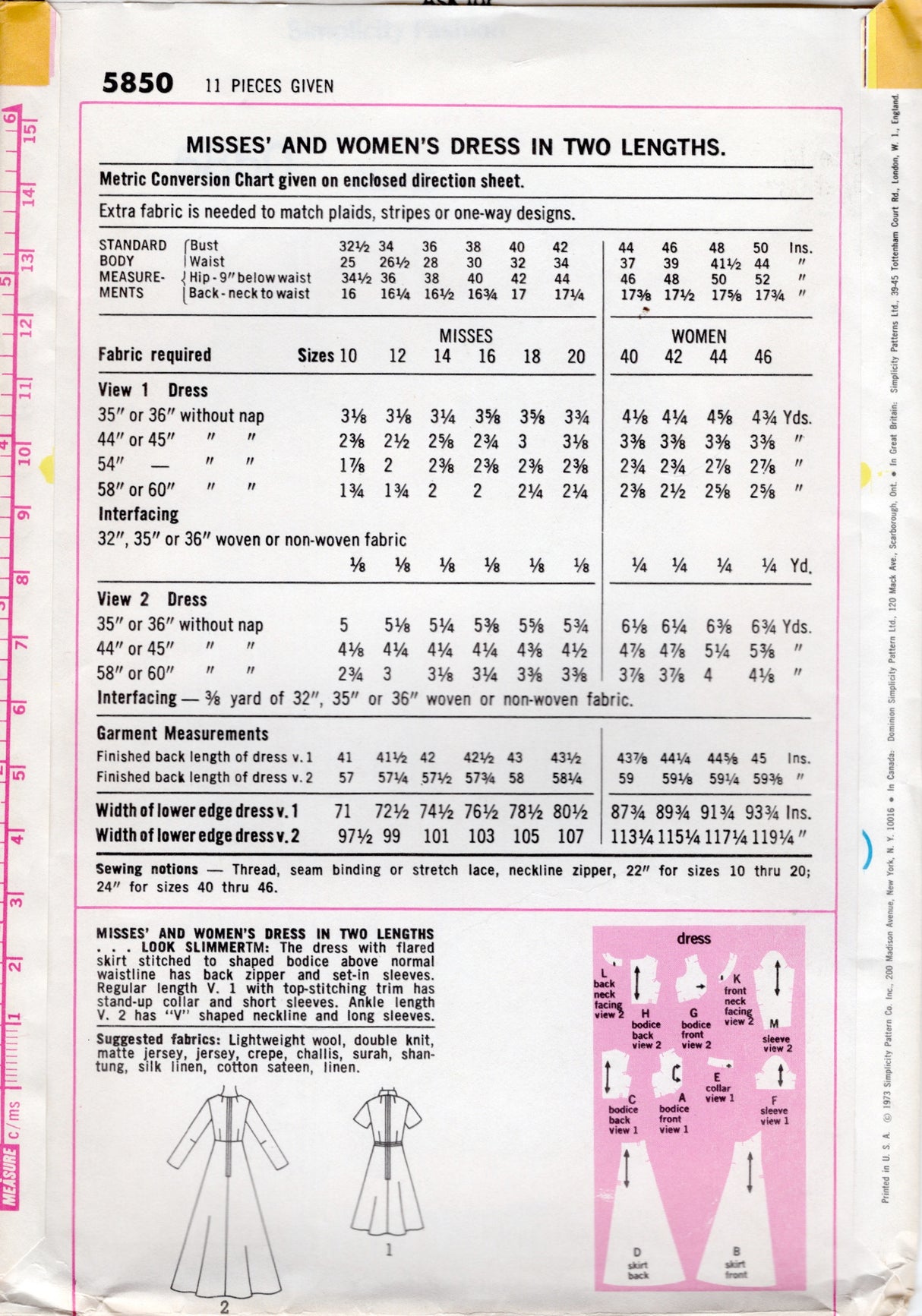 1970's Simplicity Midi or Maxi Dress Pattern with Empire Waist - Bust 38" - No. 5850