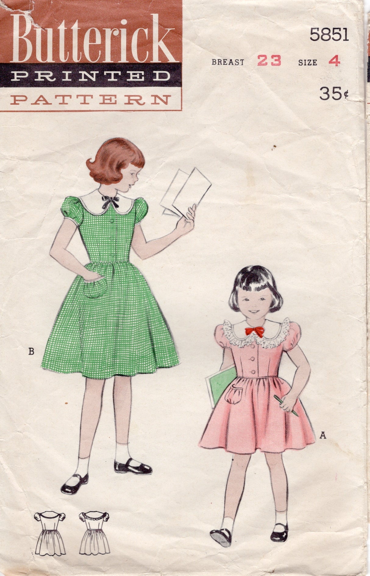 1950's Butterick Child's Shirtwaist Fit and Flare Dress Pattern with Large Collar  - Chest 23" - No. 5851