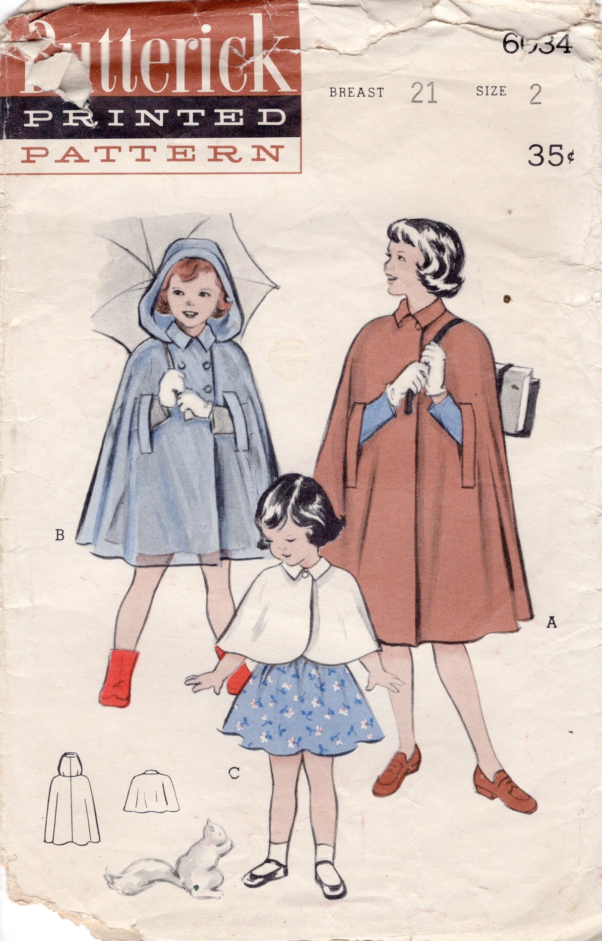 1950's Butterick Child's Hooded Cape Pattern - Chest 21" - No. 6034
