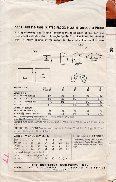 1950's Butterick Child's Shirtwaist Fit and Flare Dress Pattern with Large Collar  - Chest 23" - No. 5851