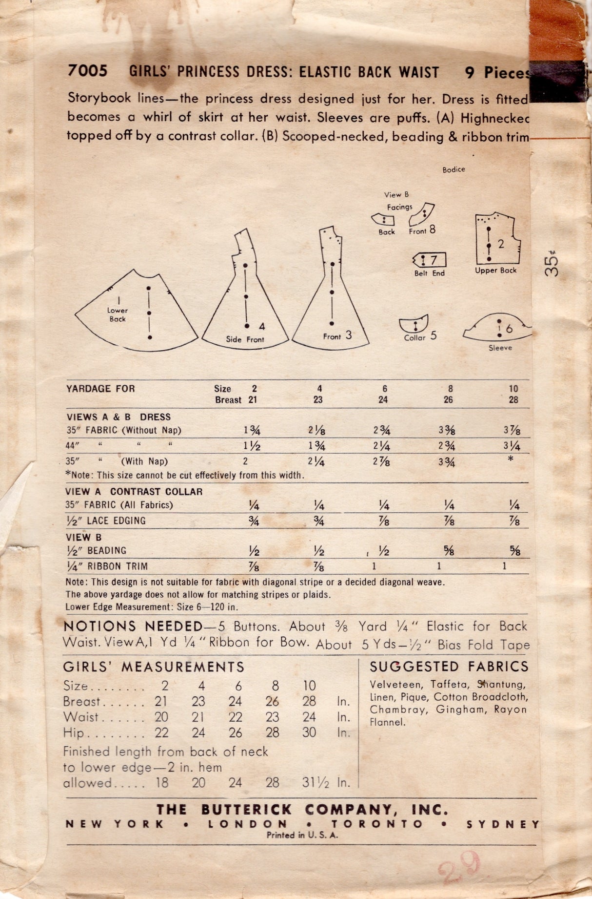 1950's Butterick Child's Princess Line Dress Pattern  - Chest 23" - No. 7005