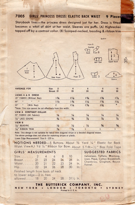 1950's Butterick Child's Princess Line Dress Pattern  - Chest 23" - No. 7005