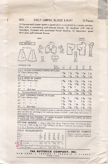 1950's Butterick Child's Shirtwaist Dress with Gored Skirt and Blouse Pattern - Chest 32" - No. 8621