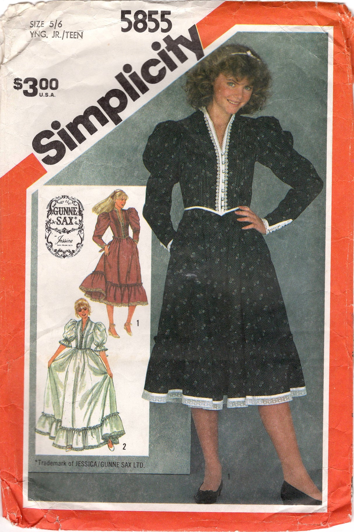 1980's Simplicity GUNNE SAX Teen's High Neckline Dress Pattern with Puff or Leg of Mutton Sleeve - Chest 28" - No. 5855