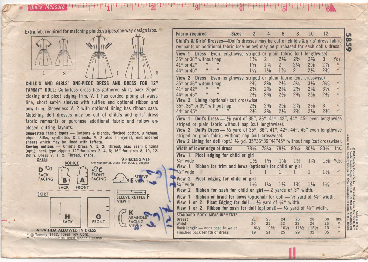 1960's Simplicity Child’s Dress Pattern – Chest 21” - No. 5859