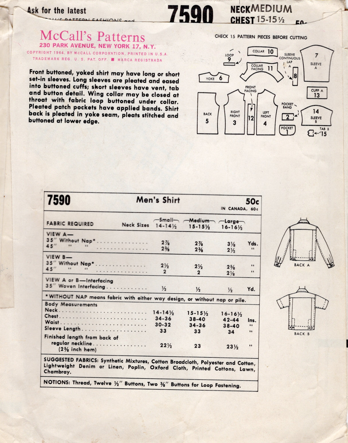 1960's McCall's Men's Button Up Shirt Pattern - Chest 38-40" - No. 7590