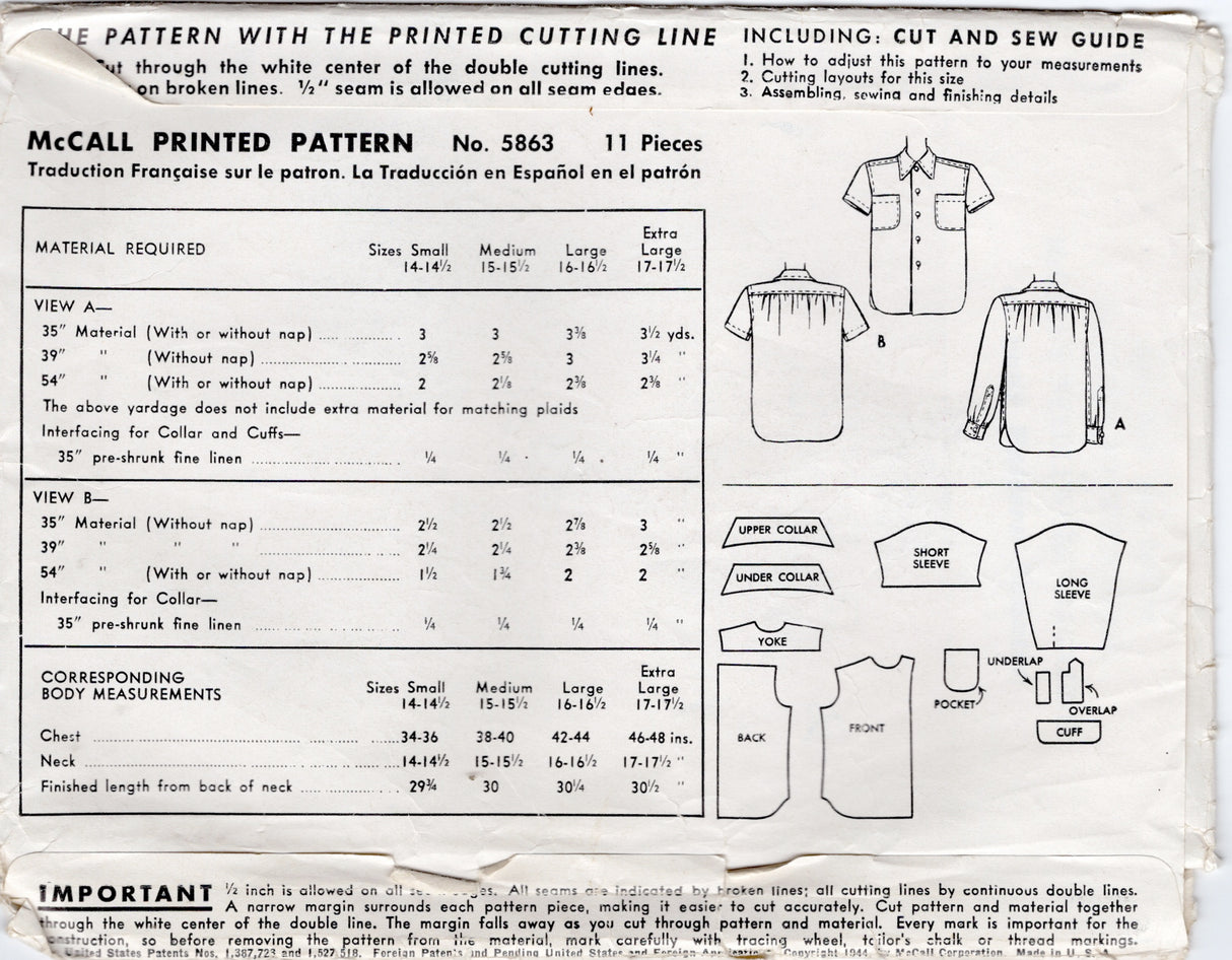 1940's McCall Men's Sport Shirt Pattern - Chest 38-40" - No. 5863