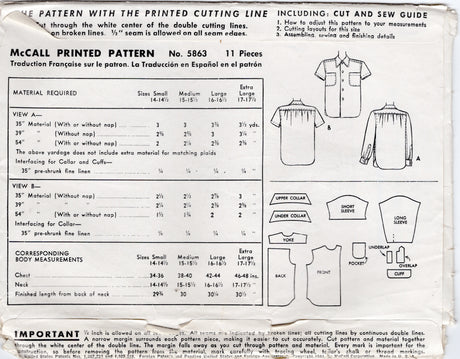 1940's McCall Men's Sport Shirt Pattern - Chest 38-40" - No. 5863