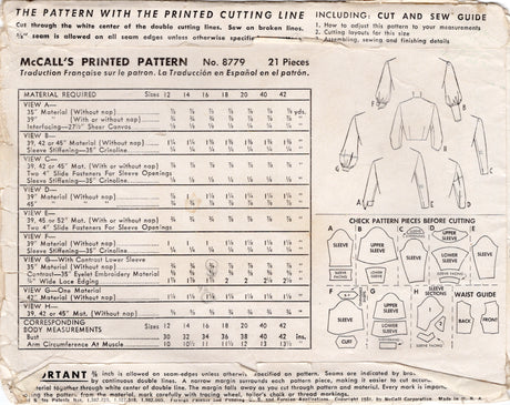 1950's McCall's Set of Sleeves Pattern - Bust 34" - No. 8779