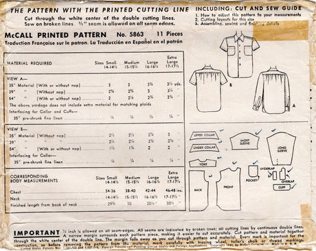 1940's McCall Men's Sport Button Up Shirt Pattern - Chest 46-48" - No. 5863