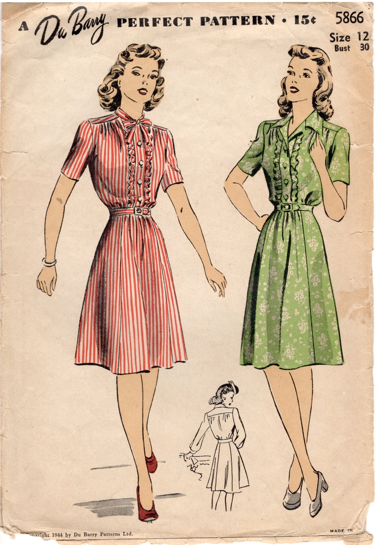 1940's DuBarry Shirtwaist Dress Pattern with Ruffle Accent - Bust 30" - No. 5866