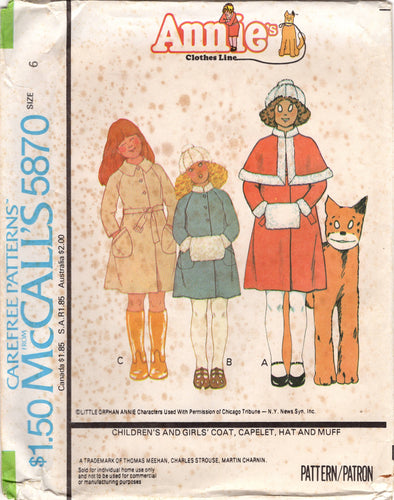 1970's McCall's Girl's Coat, Capelet, Hat and Muff Pattern - Size 6 - Chest 25