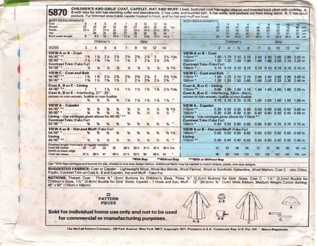 1970's McCall's Girl's Coat, Capelet, Hat and Muff Pattern - Size 6 - Chest 25" - No. 5870