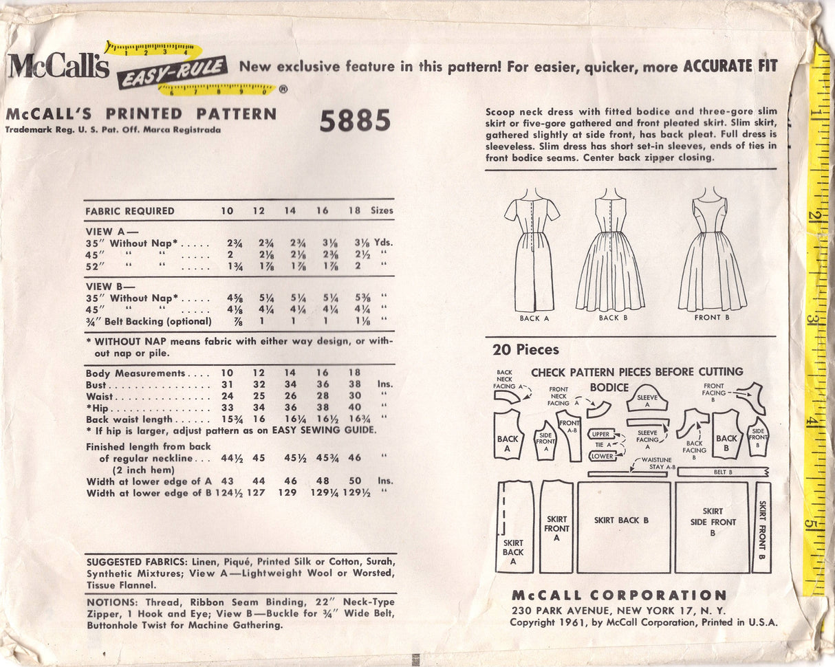 1950's McCall's Princess Line Fit and Flare Dress Pattern - Bust 34" - No. 5885